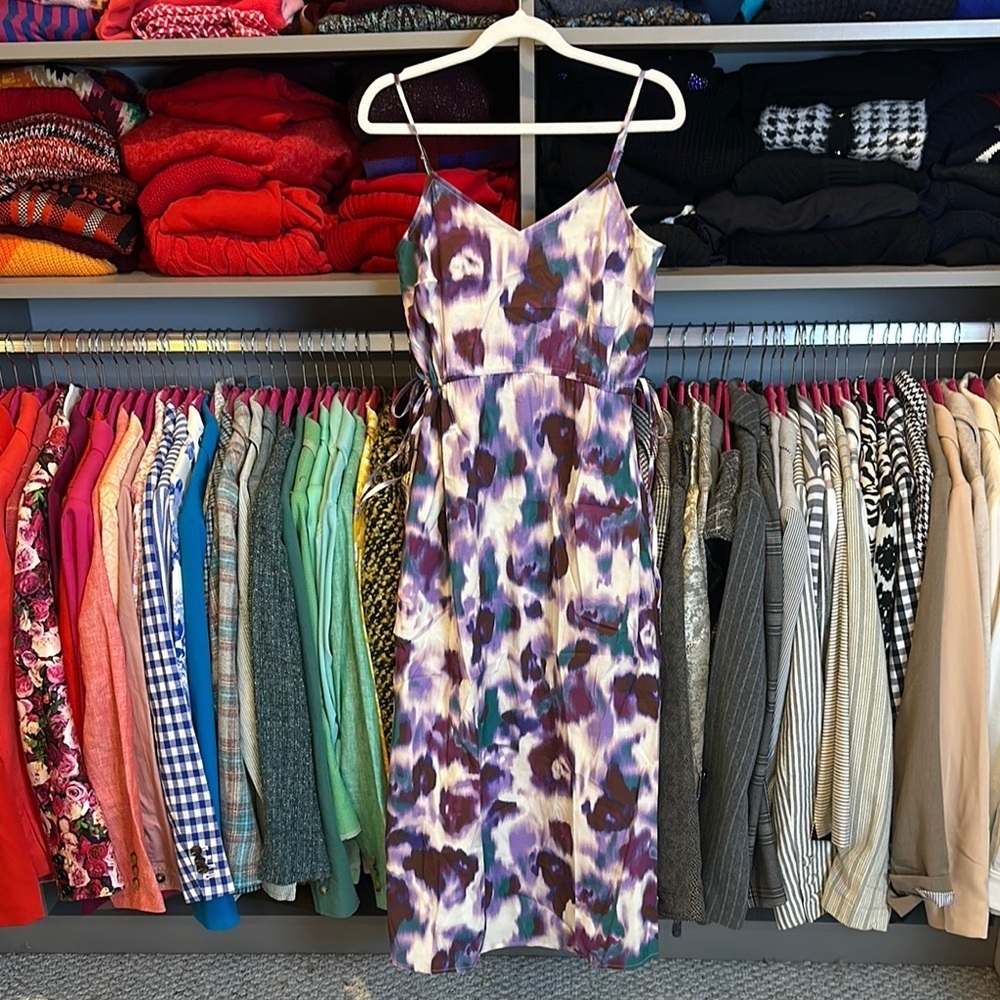 Universal Thread white/purple/green print sleeveless cinch waist midi dress S